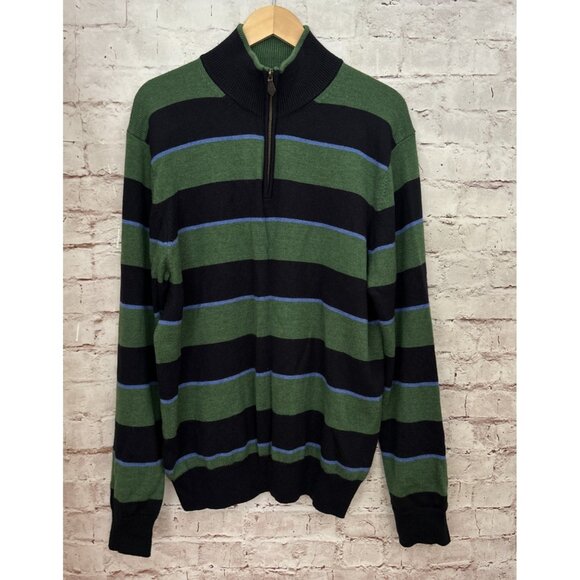 Brooks Brothers 1/4 Zip Sweater Mens XL 100% Merino Wool Green Blue Striped - Picture 1 of 4